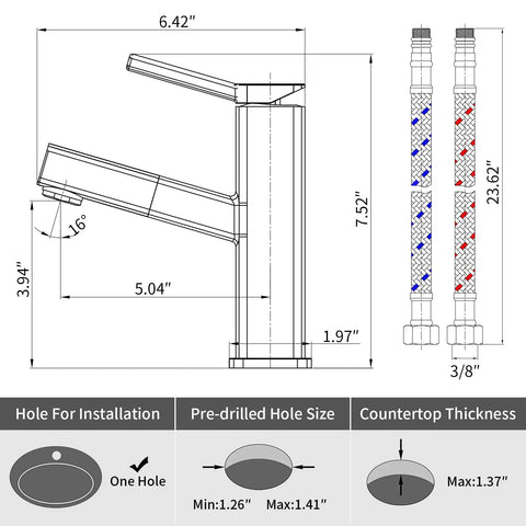 Diagram of Bathroom Sink Faucet With Pull Out Sprayer And Rotating Spout Single Handle Basin Mixer Tap, dimensions detailed.