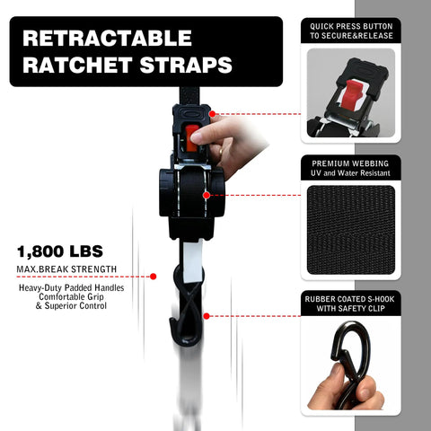 Heavy Duty Retractable Ratchet Straps One Inch By Thirteen Foot Bolt On Cargo Tie Down showing quick release button and durable webbing.