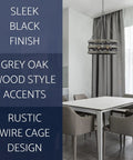 26 Inch 5 Light Modern Farmhouse Chandelier With Wire Cage Drum Black Finish And Faux Gray Oak Wood Look in dining room