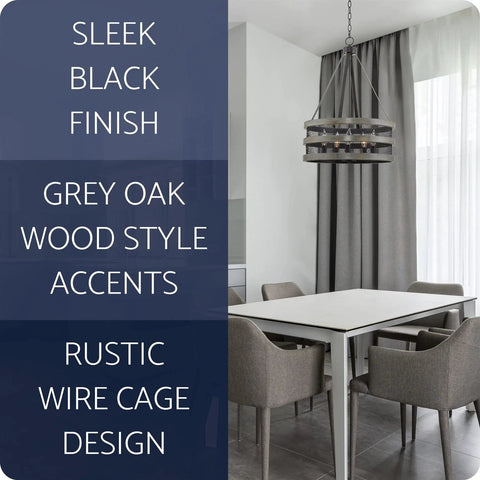 26 Inch 5 Light Modern Farmhouse Chandelier With Wire Cage Drum Black Finish And Faux Gray Oak Wood Look in dining room