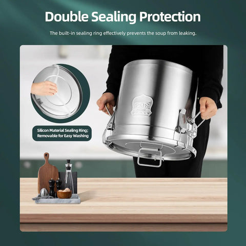 Top Shelf 304 Stainless Steel Airtight Storage Canister With Hella Secure Locking Clamps 5 Point 5 Gallon being held to show double sealing protection.