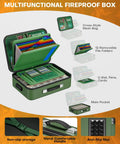 Bombproof Fireproof Document Box with Lock Hard Case Organizer open showing file folders, mesh bag, and main pocket features.