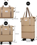 Road Trip Ready Travel Rolling Duffel Bag With Removable Wheels Expandable Foldable Carry On Luggage That Folds Flat For Easy Storage Durable And Lightweight For Quick Trips Or Hospital Stays Khaki in various sizes: 25L, 40L, 55L, dimensions shown.