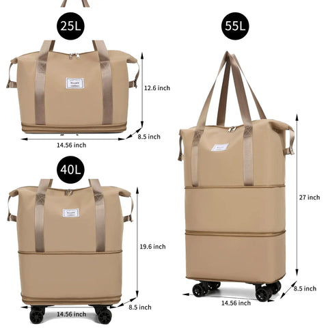 Road Trip Ready Travel Rolling Duffel Bag With Removable Wheels Expandable Foldable Carry On Luggage That Folds Flat For Easy Storage Durable And Lightweight For Quick Trips Or Hospital Stays Khaki in various sizes: 25L, 40L, 55L, dimensions shown.
