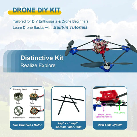 Build Your Own Dope Drone Kit With Brushless Motors And Dual Cameras, featuring optical flow and carbon fiber frame on display.
