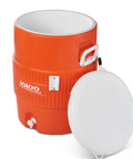 10 Gallon Portable Sports Cooler And Beverage Dispenser With Flat Seat Lid orange with open lid and spigot visible
