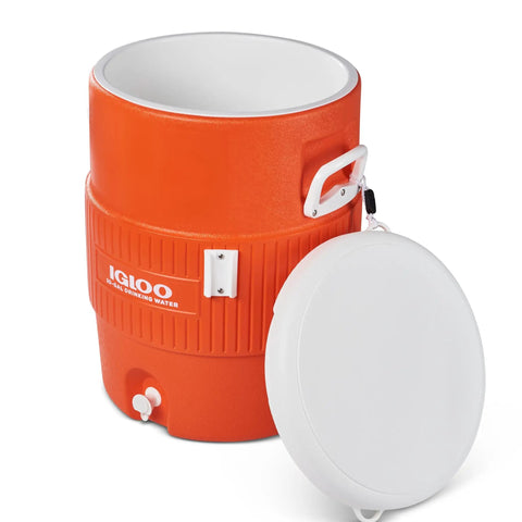 10 Gallon Portable Sports Cooler And Beverage Dispenser With Flat Seat Lid orange with open lid and spigot visible