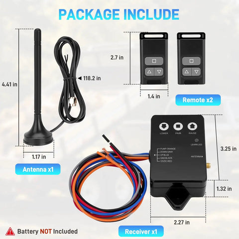 Package contents for Beefed Up Long Range Wireless Dump Trailer Remote Control Kit including antenna, remotes, and receiver