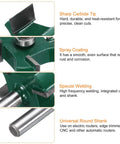 Close-up of Pro Grade Heavy Duty 4 Wing T Slot Cutter Rabbet Router Bit With Bearing, featuring sharp carbide tip and spray coating.