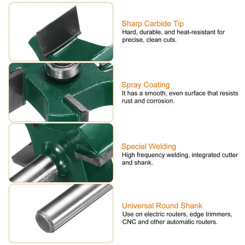 Close-up of Pro Grade Heavy Duty 4 Wing T Slot Cutter Rabbet Router Bit With Bearing, featuring sharp carbide tip and spray coating.