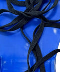 Close-up of black laces on blue base of Lawn Aerator Shoes With Heavy Duty Adjustable Spiked Soles For Yard And Garden Aeration.