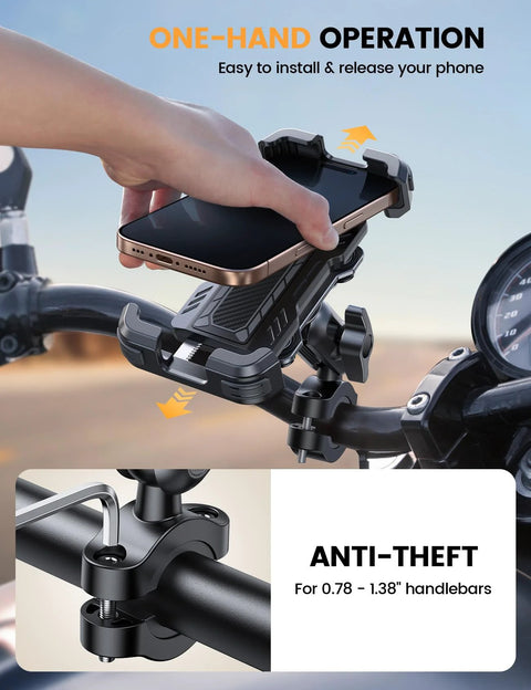 Motorcycle Phone Mount With Metal Extension Arm And Dual Vibration Dampeners holding phone on handlebars, anti-theft feature
