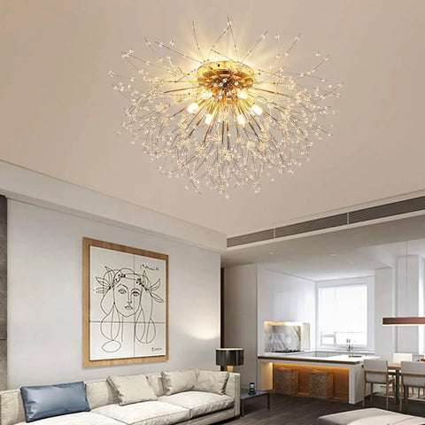 Six Light Firework Sputnik Statement Chandelier Modern Crystal Pendant Lighting Semi Flush Mount 24 Inch LED Gold Finish Fixture For Living Room And Dining Room 4000K Neutral White