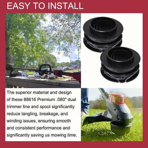 0.080-Inch 30-Foot Spooled Trimmer Line Heavy-Duty Replacement For Toro 60V FlexForce 13-Inch And 15-Inch Electric Brushless Trimmers 51831 51831T 51881 Trimmer Head, shown in dual spool packaging with trimmer in garden setting.