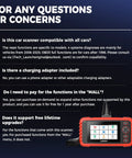 CRP129X V3.0 Elite OBD2 Scanner with display screen and control buttons, FAQs on compatibility and features visible