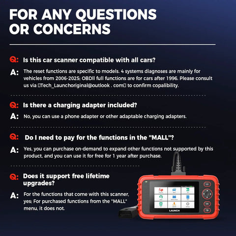 CRP129X V3.0 Elite OBD2 Scanner with display screen and control buttons, FAQs on compatibility and features visible