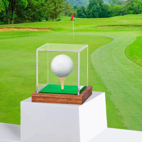 Clear Acrylic Golf Ball Display Case With Wood Base And Tee Holder UV Protected Square Cube Ball Storage Box for Collectors