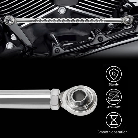 Chrome Gear Shift Linkage Replacement For Harley Davidson Touring Softail Dyna Trike Fatboy Electra Street Road Glide Wide Glide 1987 To 2021 Boss Chrome Build Made From Billet Aluminum With Smooth Operation And Easy Adjust For Crisp Precise Shifts., chrome billet aluminum linkage shown installed on Harley engine