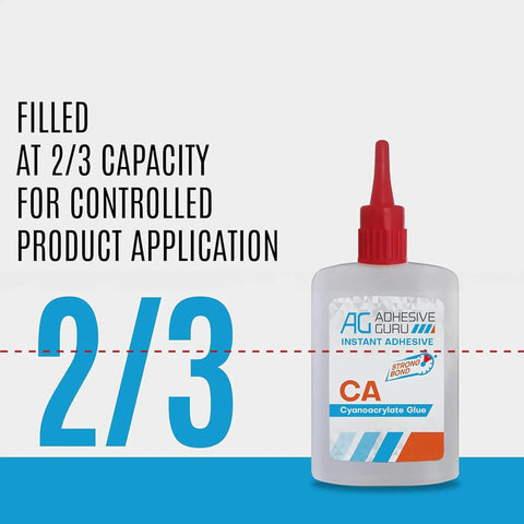 Cyanoacrylate Glue With Activator Set Instant Grab CA Glue And Super Glue Accelerator bottle filled at 2/3 capacity.