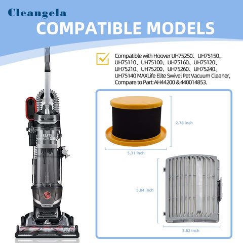 Replacement Filter For Hoover MaxLife Elite Upright Vacuums UH75150 UH75110 UH75100 UH75240 UH75140 Washable Pre Motor Filter And Two Exhaust Filters Comparable To AH44200 440014853, showing compatible models and filter dimensions