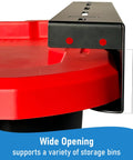 Overhead Garage Storage Rack System For Ceiling Tote Bins Heavy Duty Hanging Rails, black metal shelving and red bin detail.