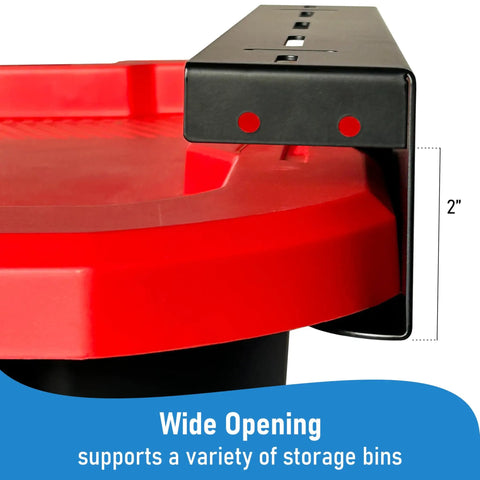 Overhead Garage Storage Rack System For Ceiling Tote Bins Heavy Duty Hanging Rails, black metal shelving and red bin detail.