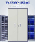 Built Tough 30 Drawer Storage Cabinet With Rock Solid Frame And Slick Labeled Compartments For Hardware Setup next to a grey double-door cabinet.
