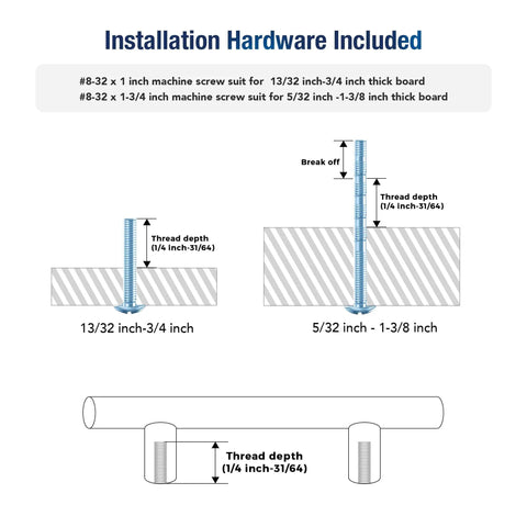 Installation diagram for 3 Pack Black Stainless Steel T Bar Cabinet Pulls for Dresser Drawers with mounting instructions
