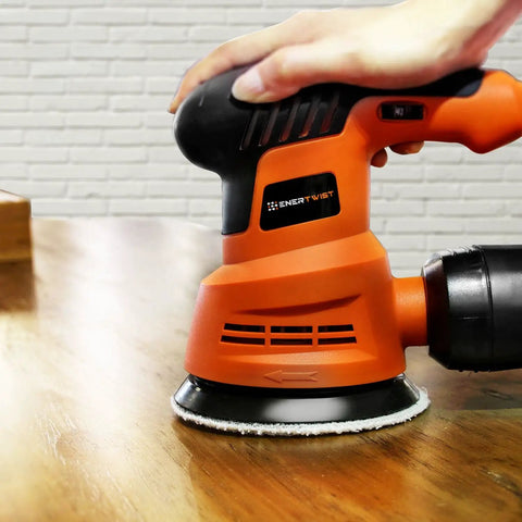5 Inch Variable Speed Orbital Sander Kit With 6 Speed Settings From 5000 To 12000 OPM 2.4A Electric Random Orbit Sander on wood surface