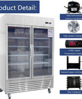 Heavy Duty 54 Inch Upright Commercial Beverage Refrigerator 42 Cubic Foot Stainless Steel Double Glass Door Beer Cooler with features.
