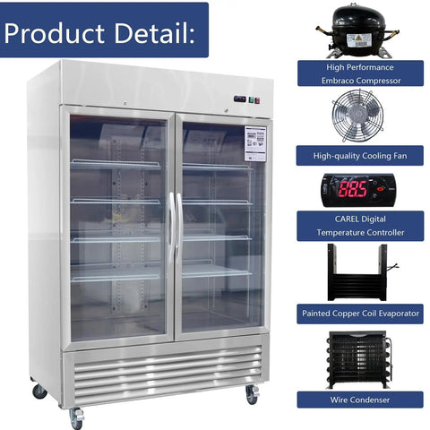 Heavy Duty 54 Inch Upright Commercial Beverage Refrigerator 42 Cubic Foot Stainless Steel Double Glass Door Beer Cooler with features.