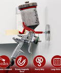 Heavy Duty Magnetic Paint Spray Gun Holder Rack Two Piece Wall Mount Storage System Handles Up To Ten Pounds, spray gun mounted on wall.