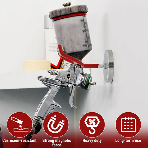 Heavy Duty Magnetic Paint Spray Gun Holder Rack Two Piece Wall Mount Storage System Handles Up To Ten Pounds, spray gun mounted on wall.