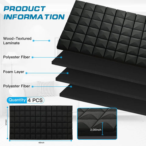 Top Shelf Acoustic Panels For Walls Sound Proof Foam Heavy Lifters Fire Retardant Noise Swallowing Studio Gear Home Office Recording Dampeners Black Foam Tiles 4 Set Bundle showing layered design and dimensions.