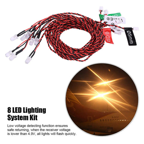 8 Piece RC LED Light Kit For Airplanes And Helicopters With 23 6 Inch Cable showing coiled wires and lit aircraft