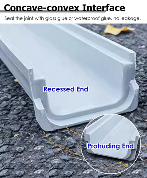 Close-up view of Durable Trench Drain Kit for Yard, Lawn, Driveway and Sidewalk, featuring concave-convex interface design