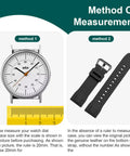 Measurement method for watch band size shown with ruler and watch face alongside black watch strap.