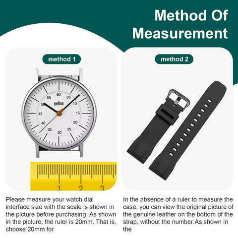 Measurement method for watch band size shown with ruler and watch face alongside black watch strap.
