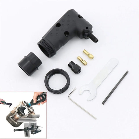 Real Deal Right Angle Adapter For Rotary Tools And Dremel Grinders with assorted attachments and tools on white background.