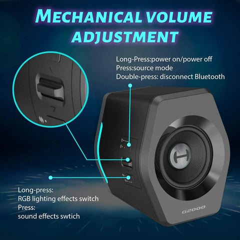 Side view of 32W PC Gaming Speakers with RGB Lights for Laptop Mac or Desktop showing volume control and button functions.