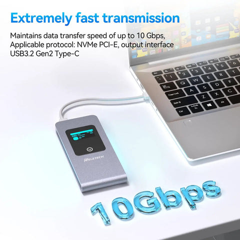 No Fuss Portable M.2 NVMe SATA SSD Enclosure USB 3.2 Type C 10Gbps beside a MacBook showing fast data transfer capabilities.