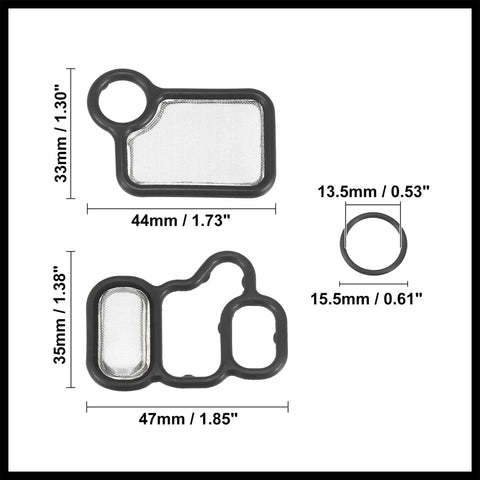 Honda VTEC Solenoid Gasket Spool Valve Filter Screen Kit With O Ring Pack Of 3 in black, with dimensions.