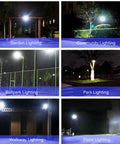 JUDYSSY Waterproof Solar Led Street Lamp lighting various outdoor areas including gardens, parks, and plazas at night.