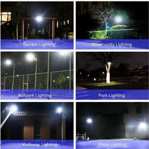 JUDYSSY Waterproof Solar Led Street Lamp lighting various outdoor areas including gardens, parks, and plazas at night.