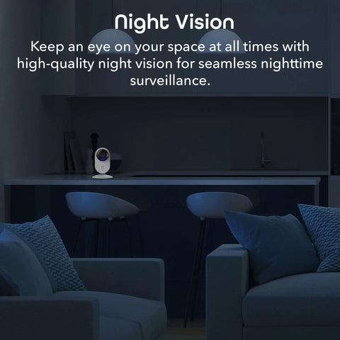 Cozy living room with Glimpse Indoor Security Cam, 1080p HD Video, Two Way Audio on a shelf, highlighting night vision capability.