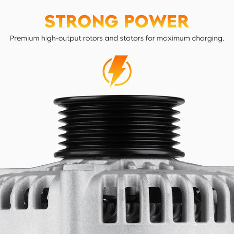 Close-up of the pulley and casing of a 130 Amp Drop In Alternator for Jeep Liberty 3.7L V6 2010 2011 2012 and Dodge Nitro 2011.