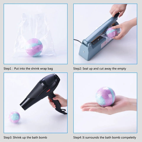 Step-by-step sealing process for 4 X 4 Inch Heat Shrink Bags 300 Pack Slick Glossy Polyolefin Film with bath bomb.