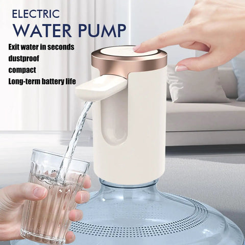 Electric Water Jug Pump For Home Office Kitchen Counter Drinking Quiet Bottle Dispenser Pump shown pouring water into glass