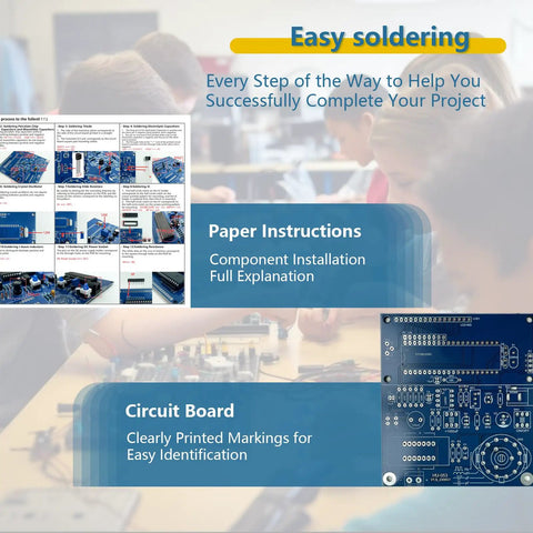 Ultimate Soldering Practice Kit with paper instructions, circuit board shown for classroom teaching, easy at-home soldering projects