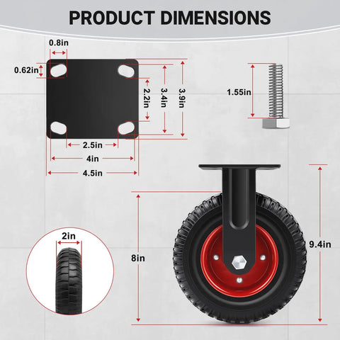8 Inch Outdoor Heavy Duty Caster Wheels Set Of Two Badass Rubber Castors With Brake 1100 Lbs Load Capacity dimensions chart
